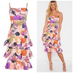 Nude Tropical Print Ruffle Tiered Midi Dress